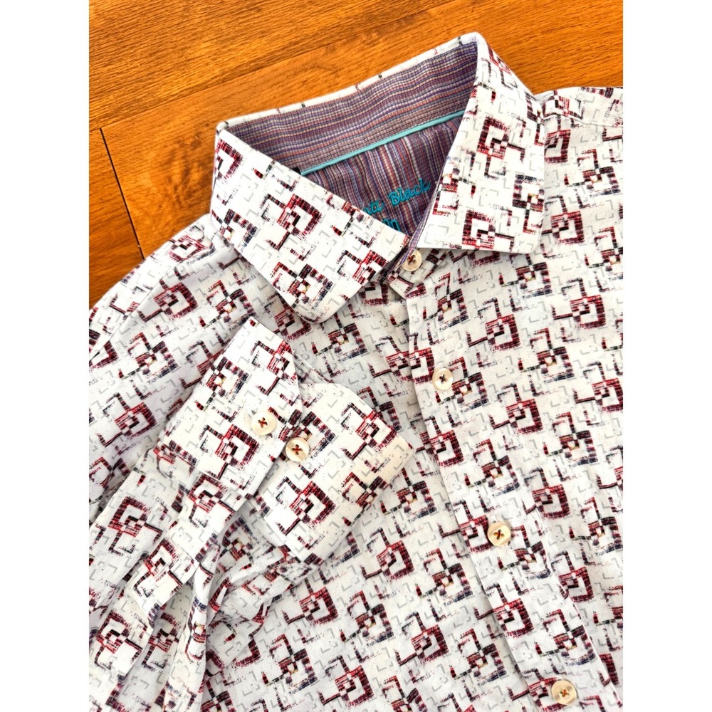 Luchiano Visconti‎ Black Geometric Print Button Down Shirt Mens Medium White Red